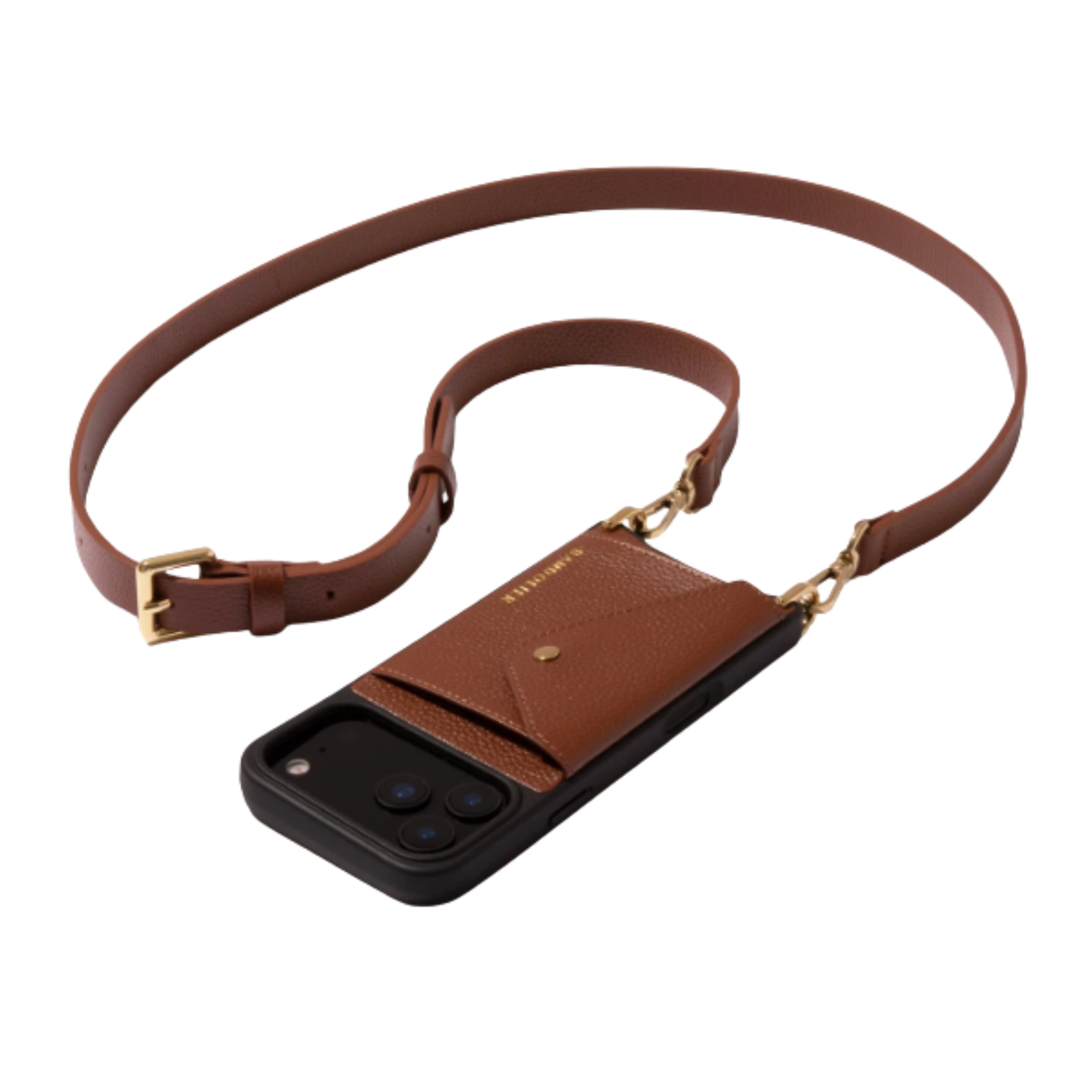 Hailey Crossbody Phone Case in Cognac/Gold