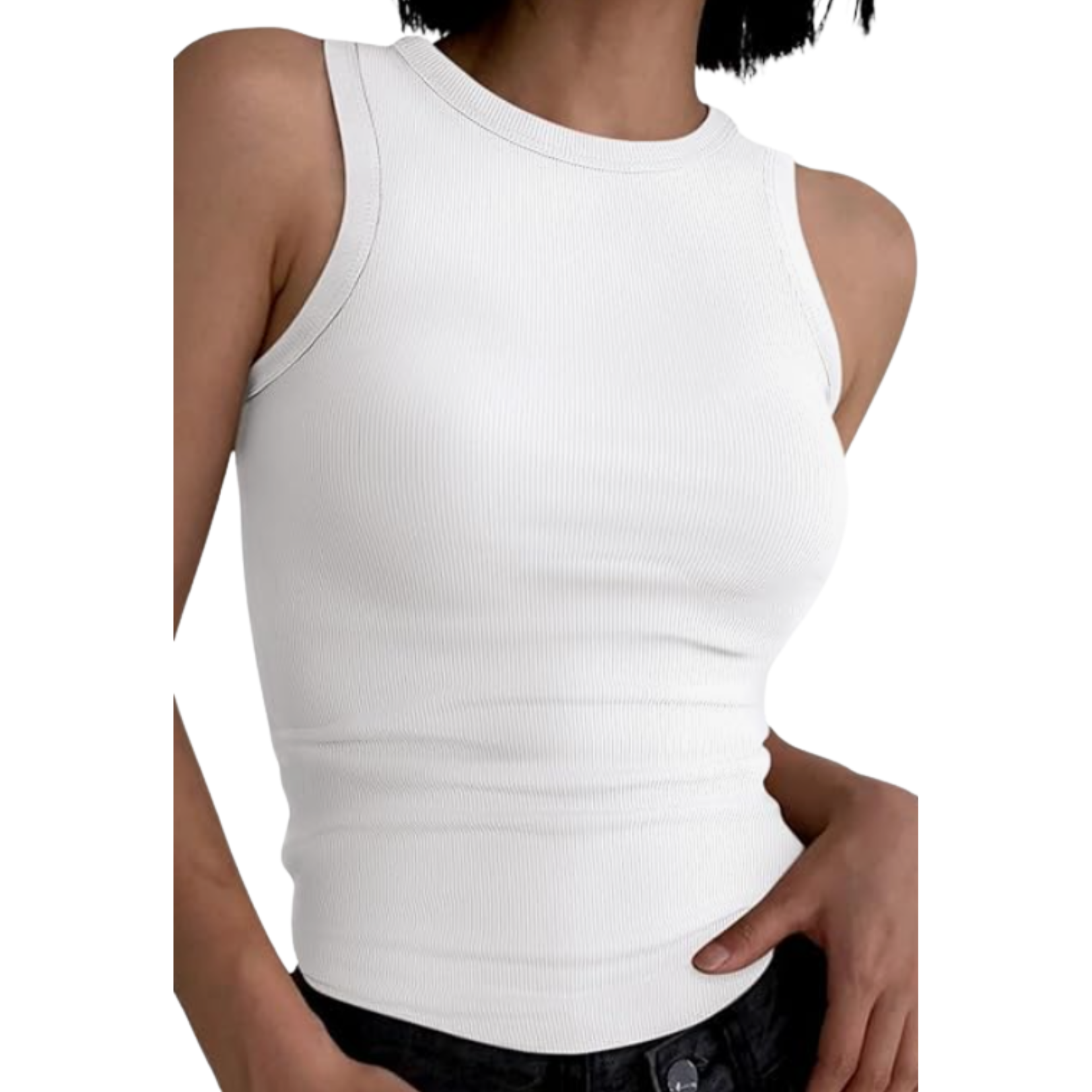 Casual Ribbed High Neck Tank Top White