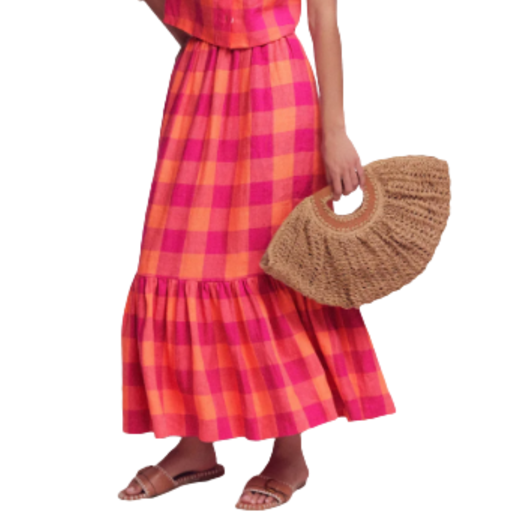 Boden linen skirt plaid orange and pink