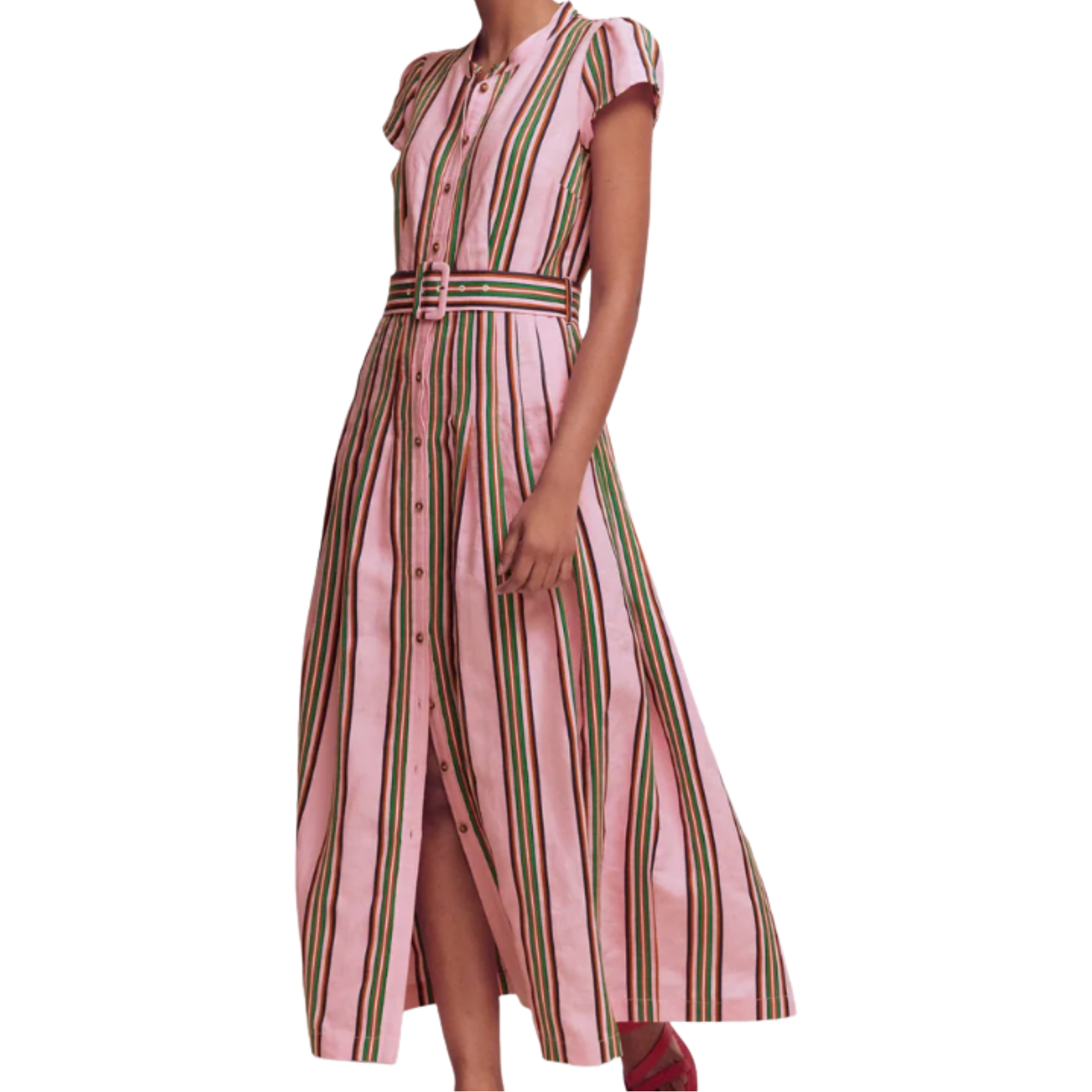 Linen Pink Stripe Front Buckle Dress