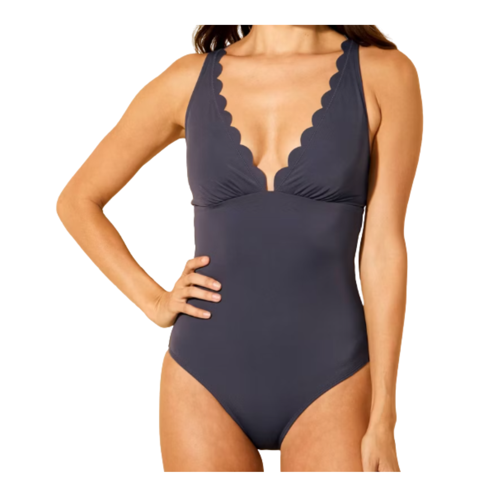 Plunge Navy Blue Swimsuit Scallop