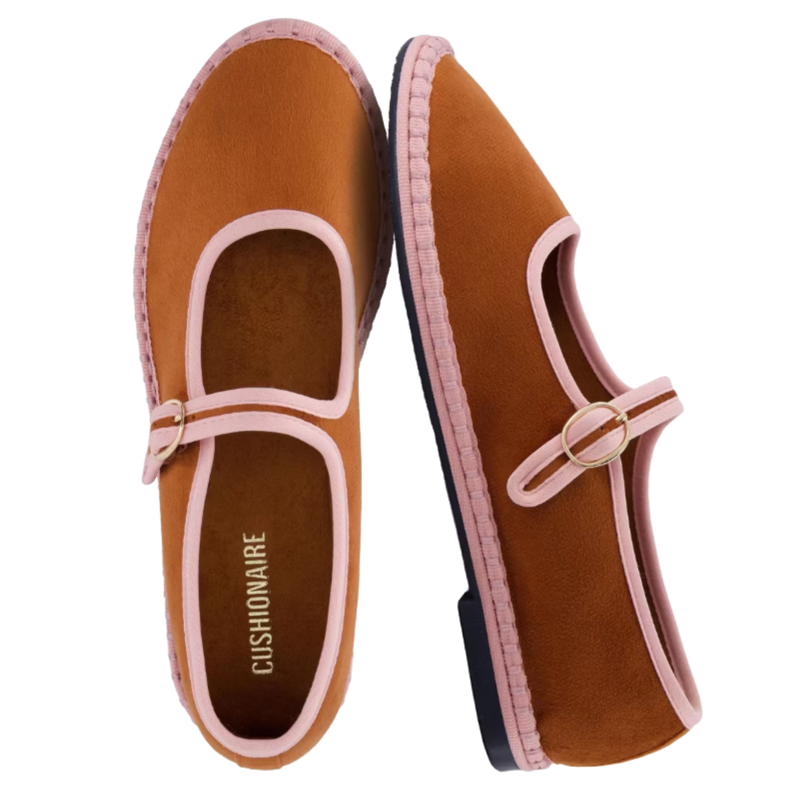 brown and pink Mary Jane flats