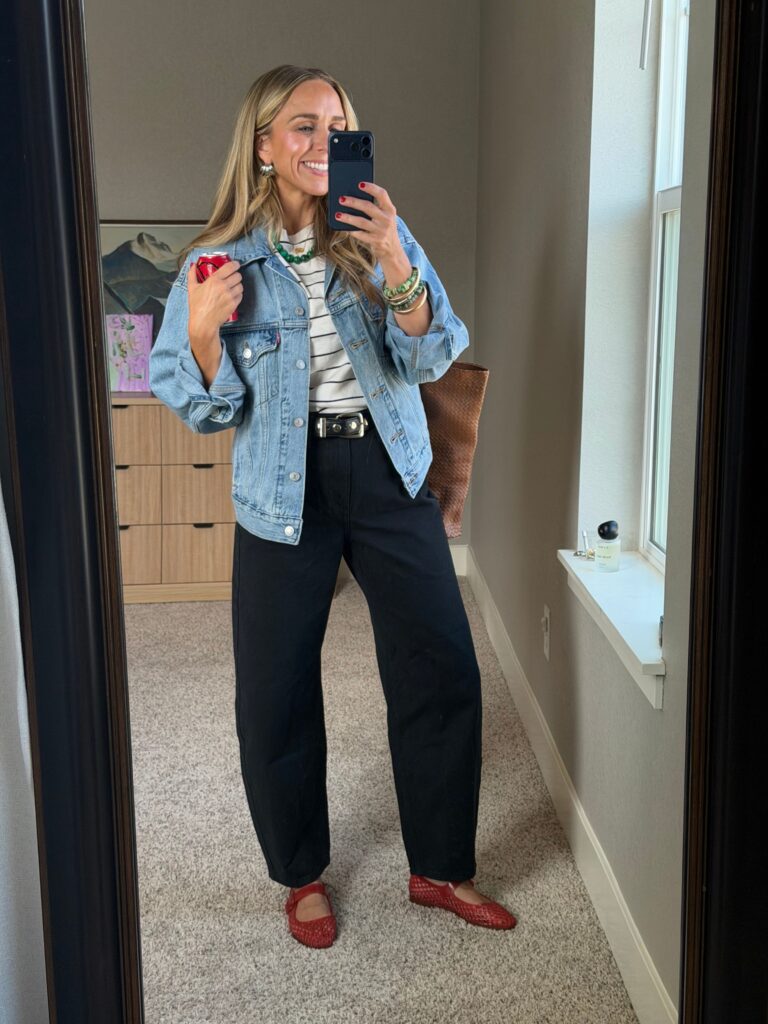 striped top, denim jacket for work capsule wardrobe