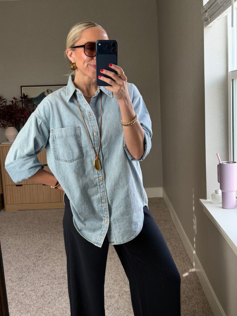 lightweight denim top for work capsule wardrobe