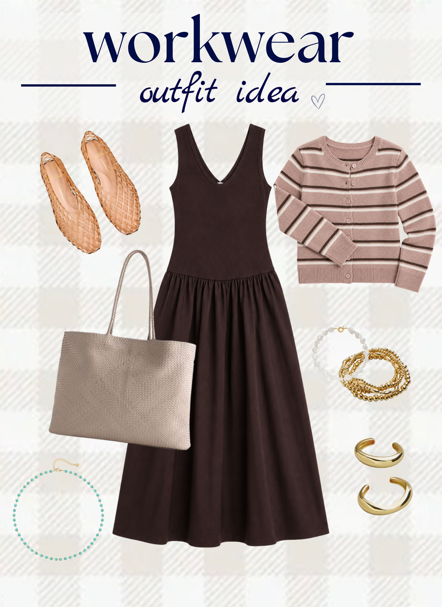 work outfit idea for women brown dress, striped cardigan, tan bag and jellie shoes